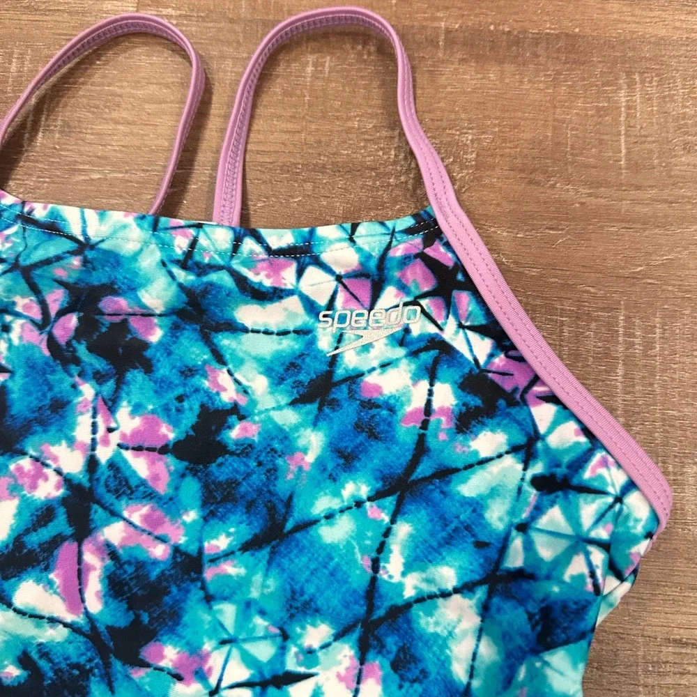 Speedo Girls One Piece Swimsuit Geometric Tie Dye Blue Purple Size Small 7/8